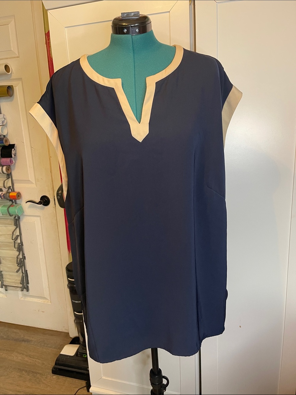 Navy and Cream Contrast Trim Women's Blouse plus size